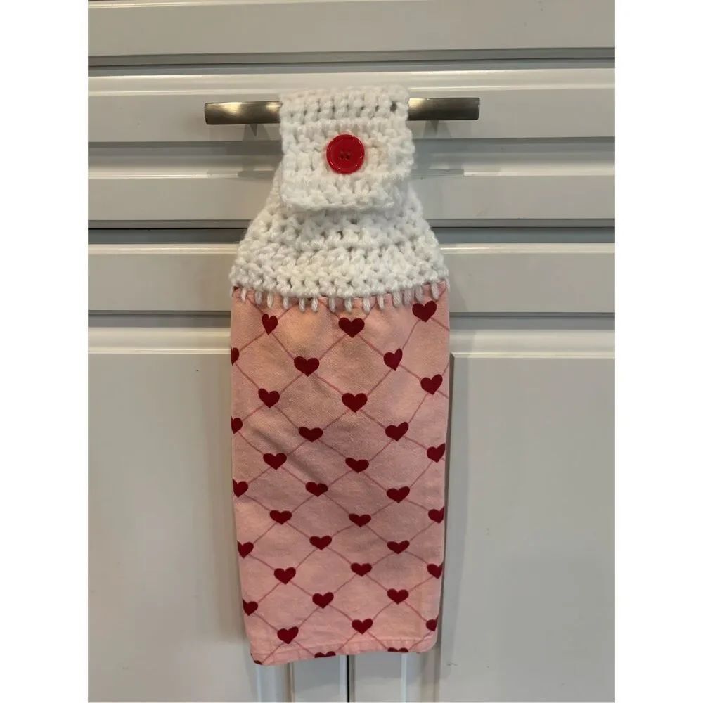 Crochet Top Kitchen towel-Hearts-pink towel